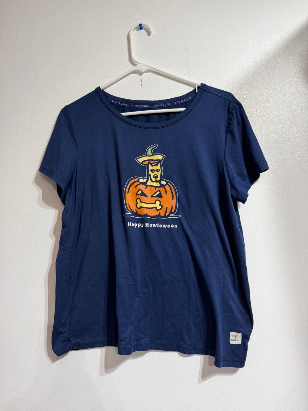 Life is Good Happy Howloween Dog Pumpkin Navy Blue Graphic Tee T-Shirt size m
